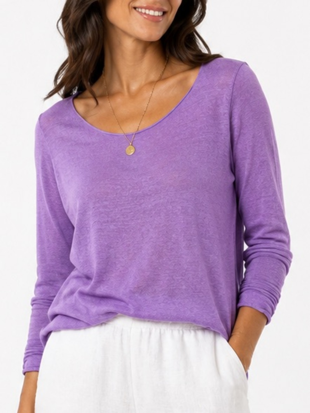 Eileen Fisher Purple Linen Blend Knit Quiet Luxury Scoop Neck Pullover Top SZ M